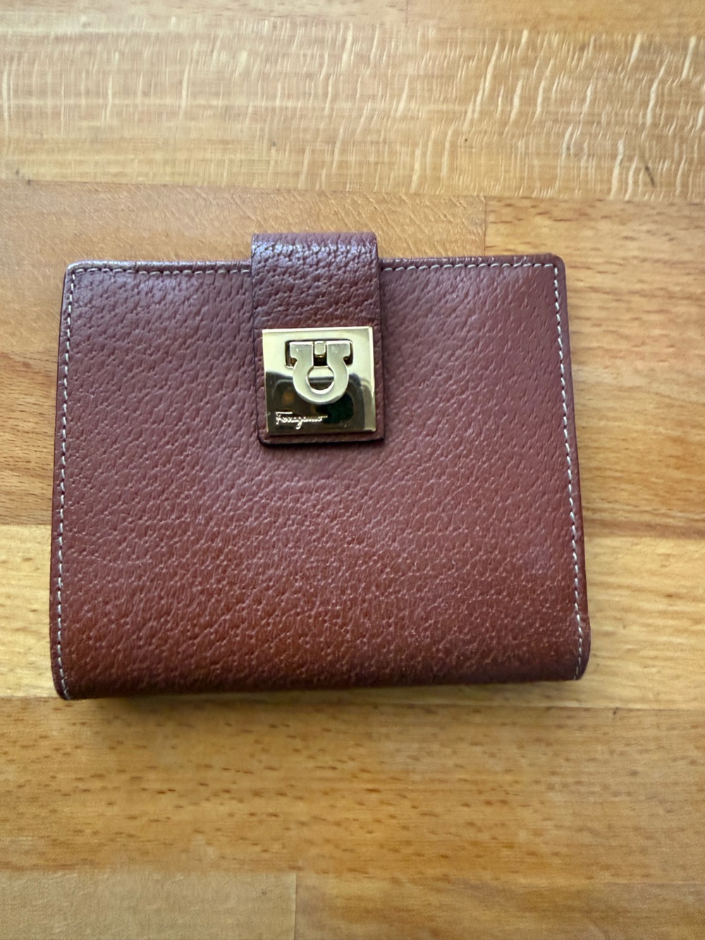 Salvatore Ferragamo Brown Pebbled Leather Card with Gold Hardware